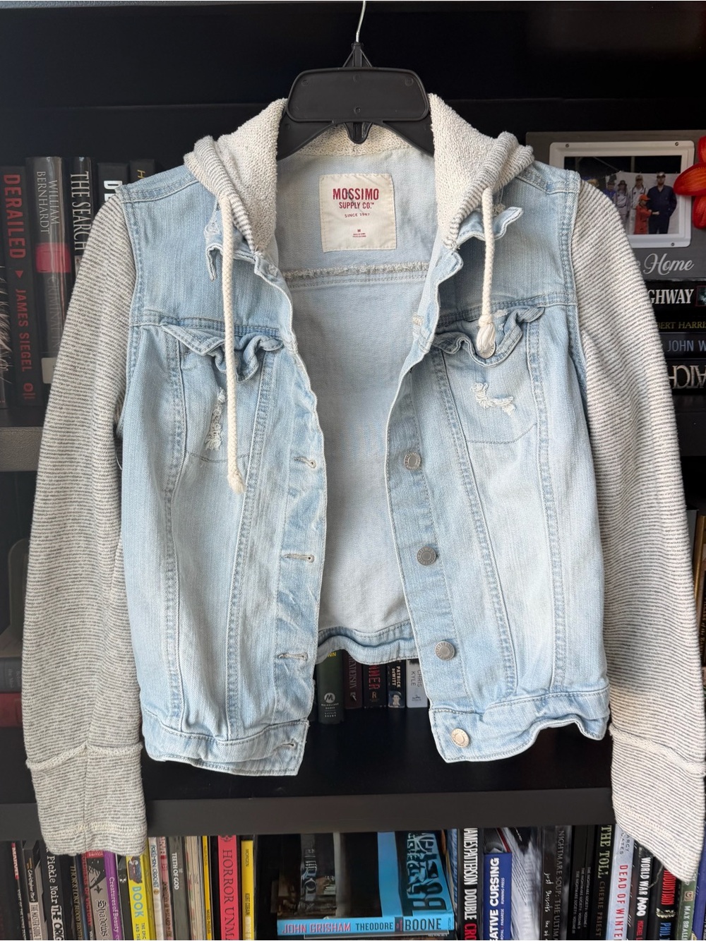 Mossimo Supply Co. Light Blue Denim Jacket with Gray Hood and Sleeves